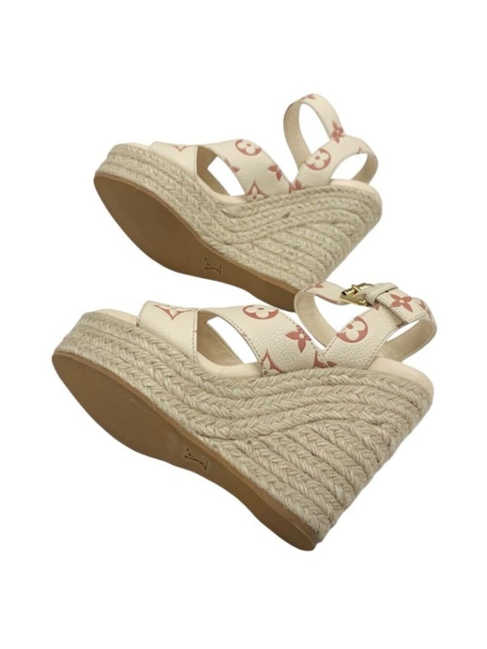 Louis Vuitton Starboard Line Monogram Sandals Shoes Leather Beige Wedge Sole - Picture 6 of 9